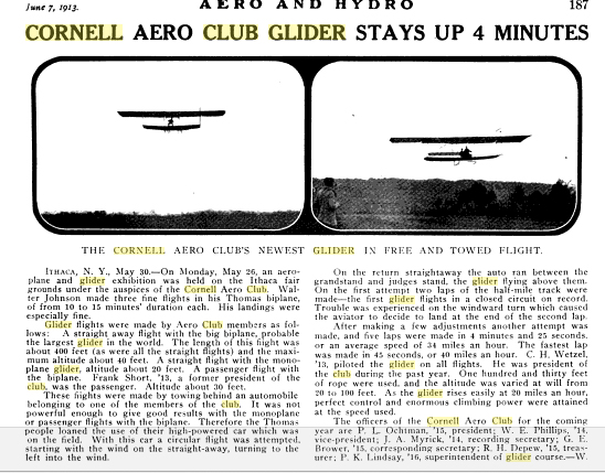 Aero and Hydro- Cornell Aero Club Glider stays up 4 minutes