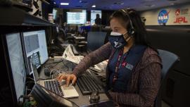 Swati Mohan '04 at NASA's Jet Propulsion Laboratory mission control on Feb. 18, prior to the Perseverance landing.