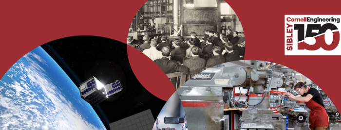 Stylized photo montage shows a CubeSat in orbit, a modern student using a drill press, and a black and white photo of students in an old engineering class at Cornell