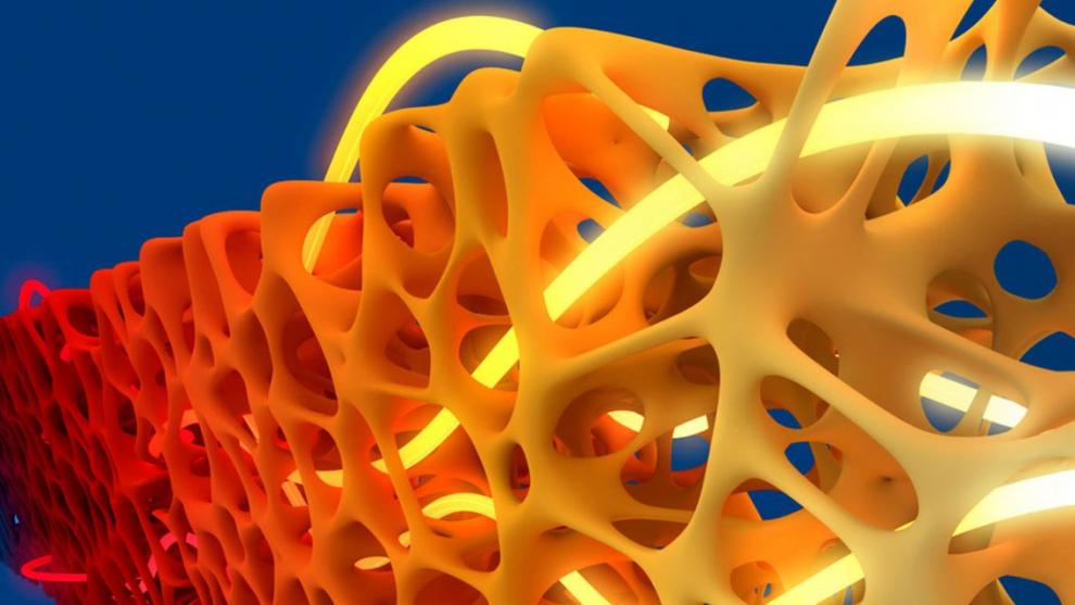 An artist’s rendering of fluid strategically guided through a ceramic structure’s pores. Using a manufacturing technique researched by Cornell’s Sadaf Sobhani, tailored porous structures hold new opportunities for applications in thermofluidic systems.