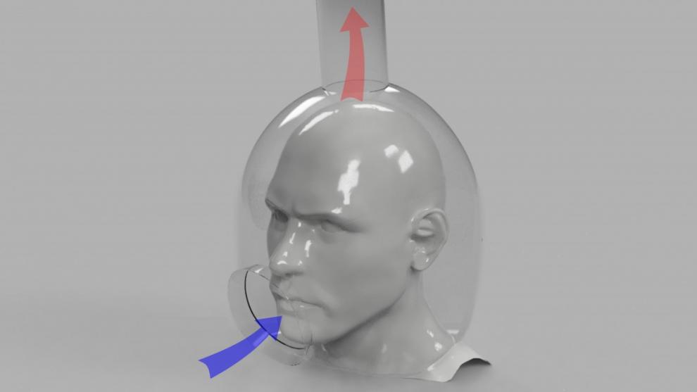 Visualization of a helmet designed to prevent the transmission of COVID-19 by pumping air from the mouth to the helmet's vacuum port.